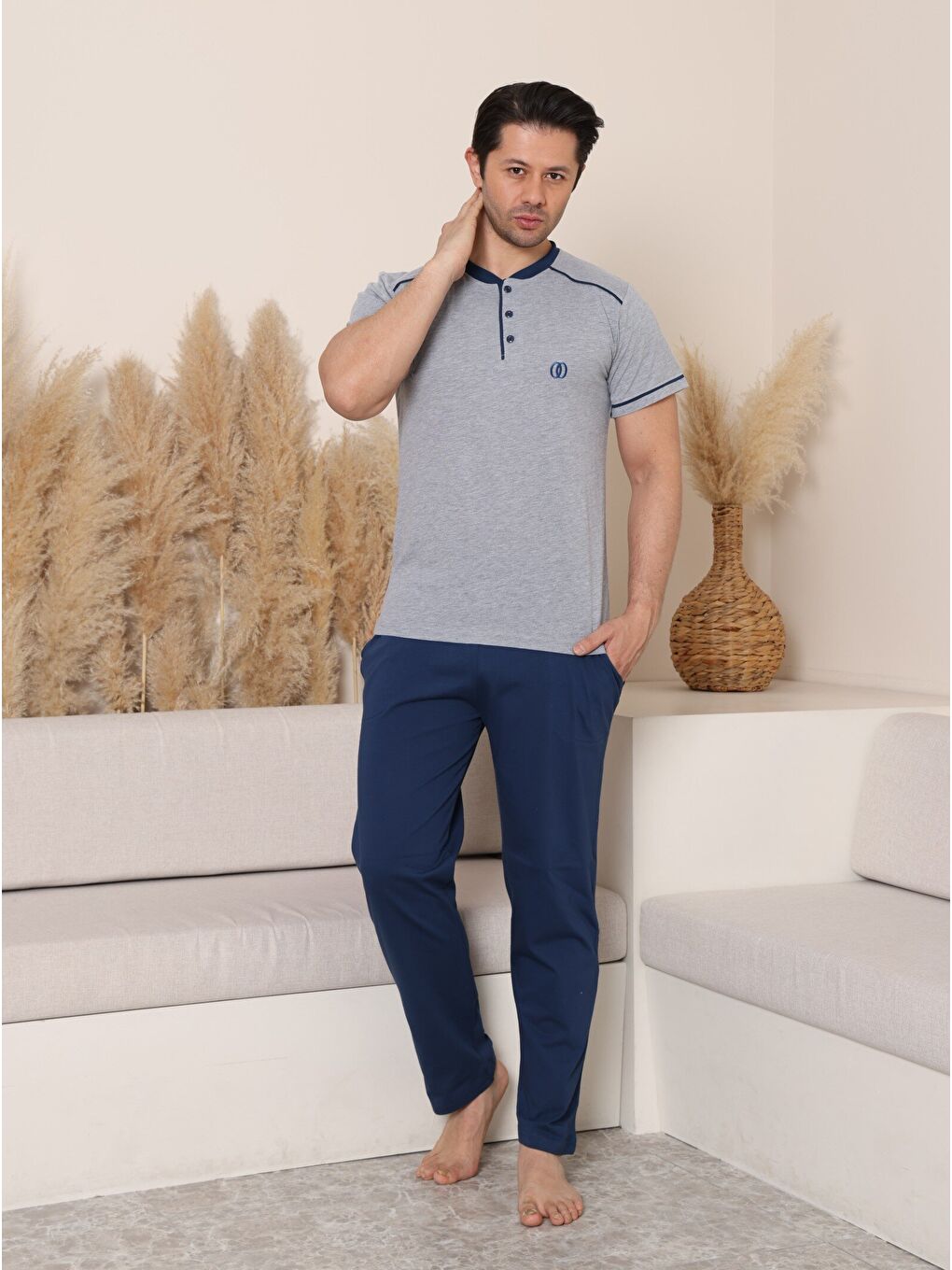 Gri PREMIUM Erkek %100 Doğal Pamuk Biyeli Yüksek Kaliteli Düğmeli Kısa Kollu Pijama Takımı-4