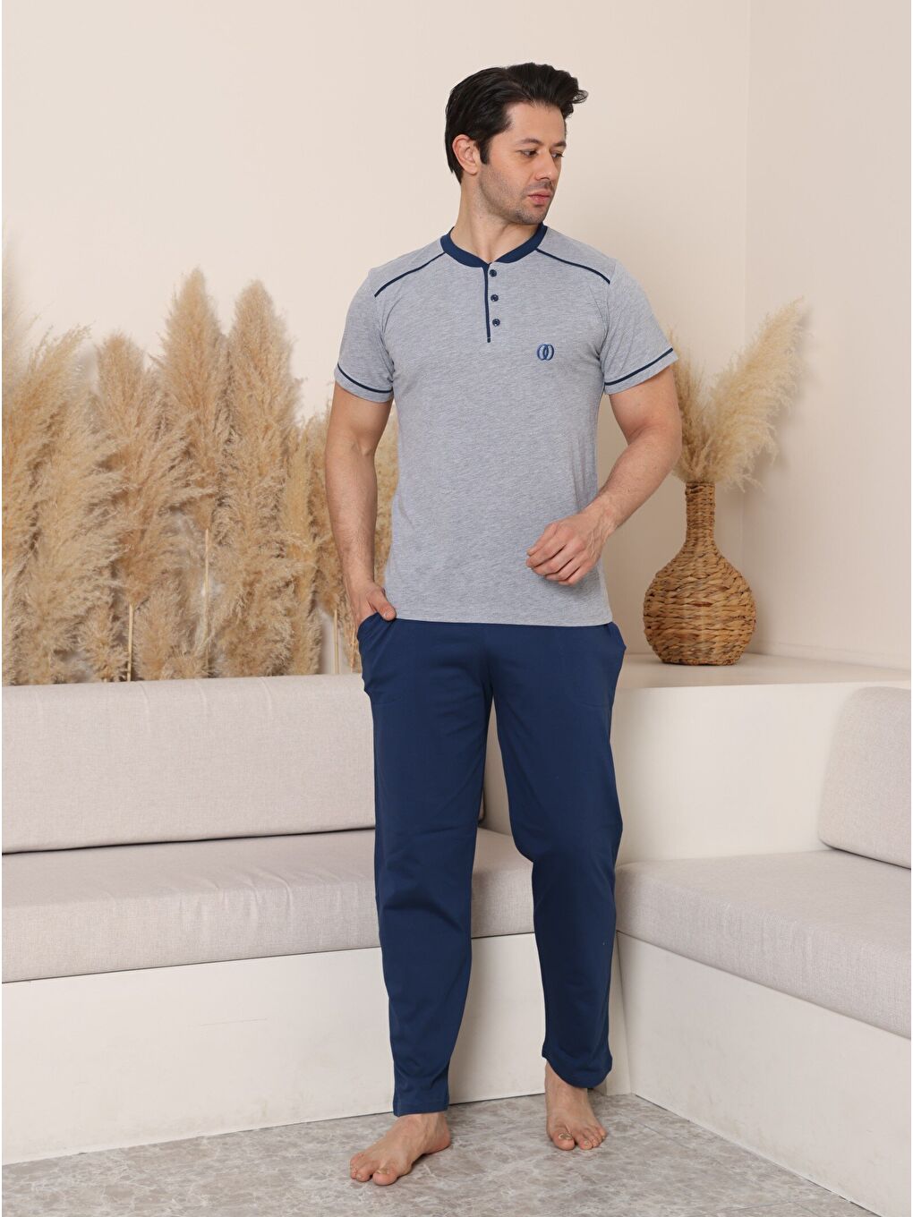 Gri PREMIUM Erkek %100 Doğal Pamuk Biyeli Yüksek Kaliteli Düğmeli Kısa Kollu Pijama Takımı-5