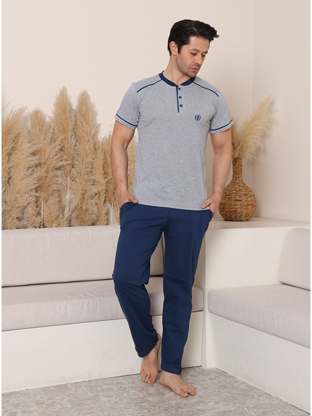 Gri PREMIUM Erkek %100 Doğal Pamuk Biyeli Yüksek Kaliteli Düğmeli Kısa Kollu Pijama Takımı-6