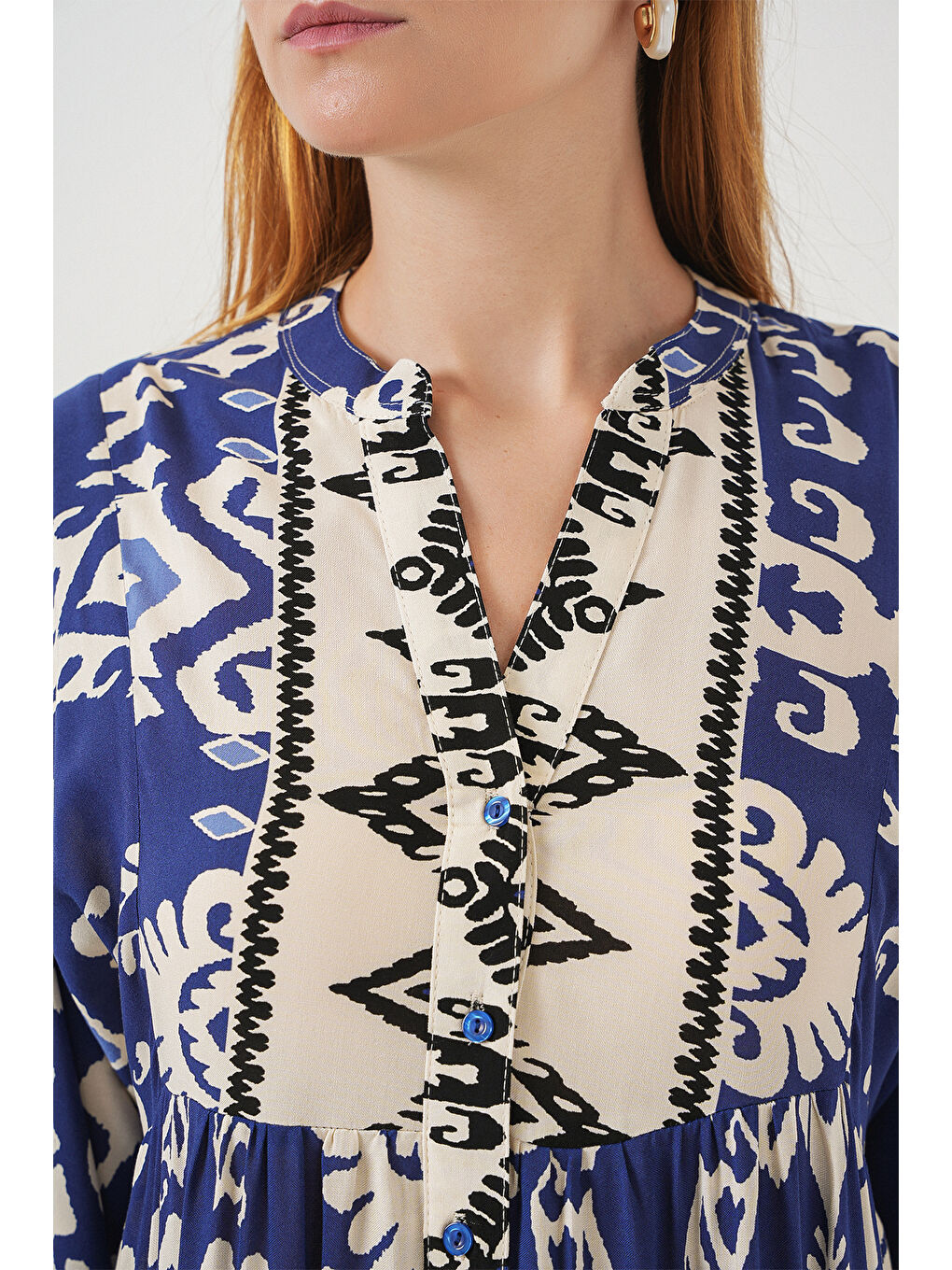 Kadın Desenli Uzun Tesettür Elbise 2585 - İndigo-4