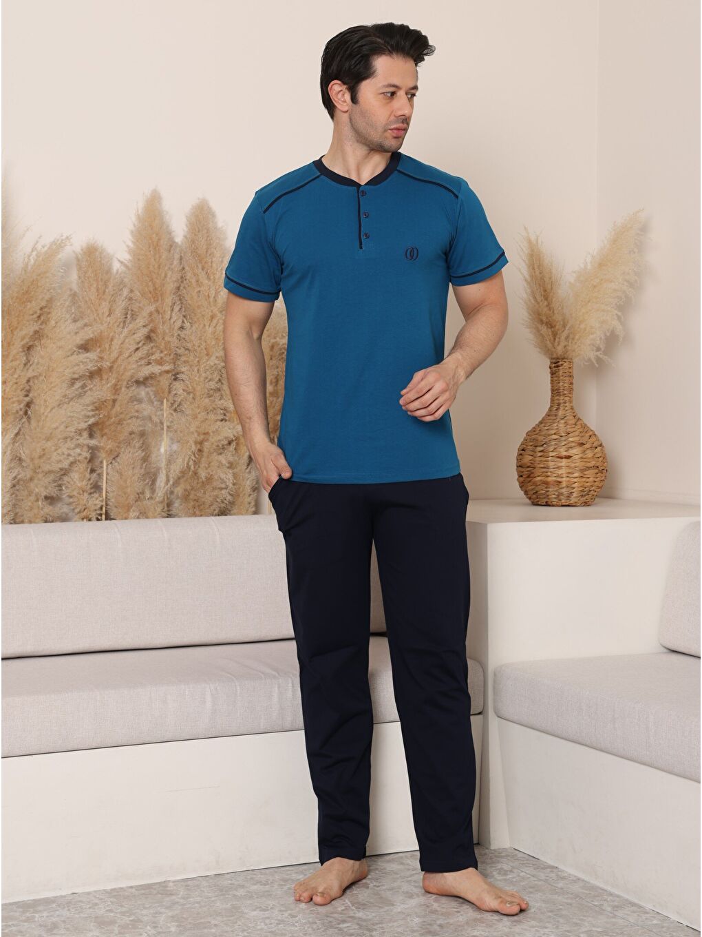 İndigo PREMIUM Erkek %100 Doğal Pamuk Biyeli Yüksek Kaliteli Düğmeli Kısa Kollu Pijama Takımı-5