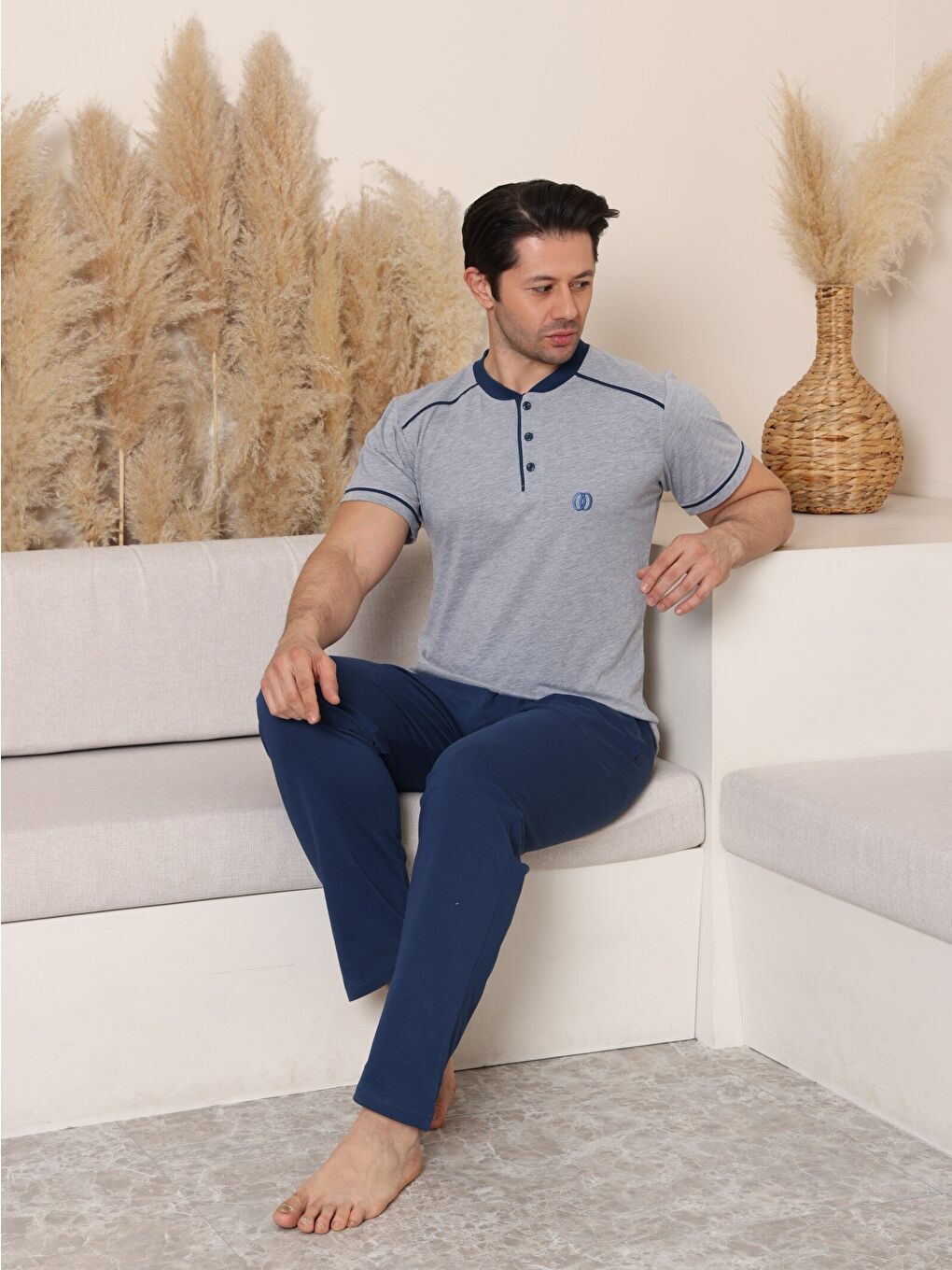 Gri PREMIUM Erkek %100 Doğal Pamuk Biyeli Yüksek Kaliteli Düğmeli Kısa Kollu Pijama Takımı-7