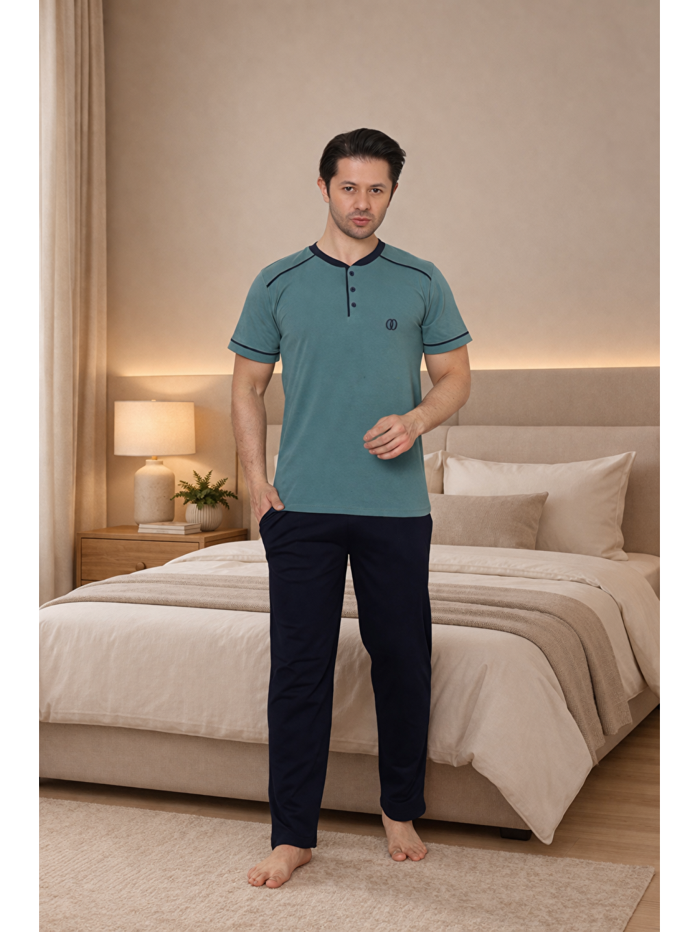 Yeşil PREMIUM Erkek %100 Doğal Pamuk Biyeli Yüksek Kaliteli Düğmeli Kısa Kollu Pijama Takımı-1