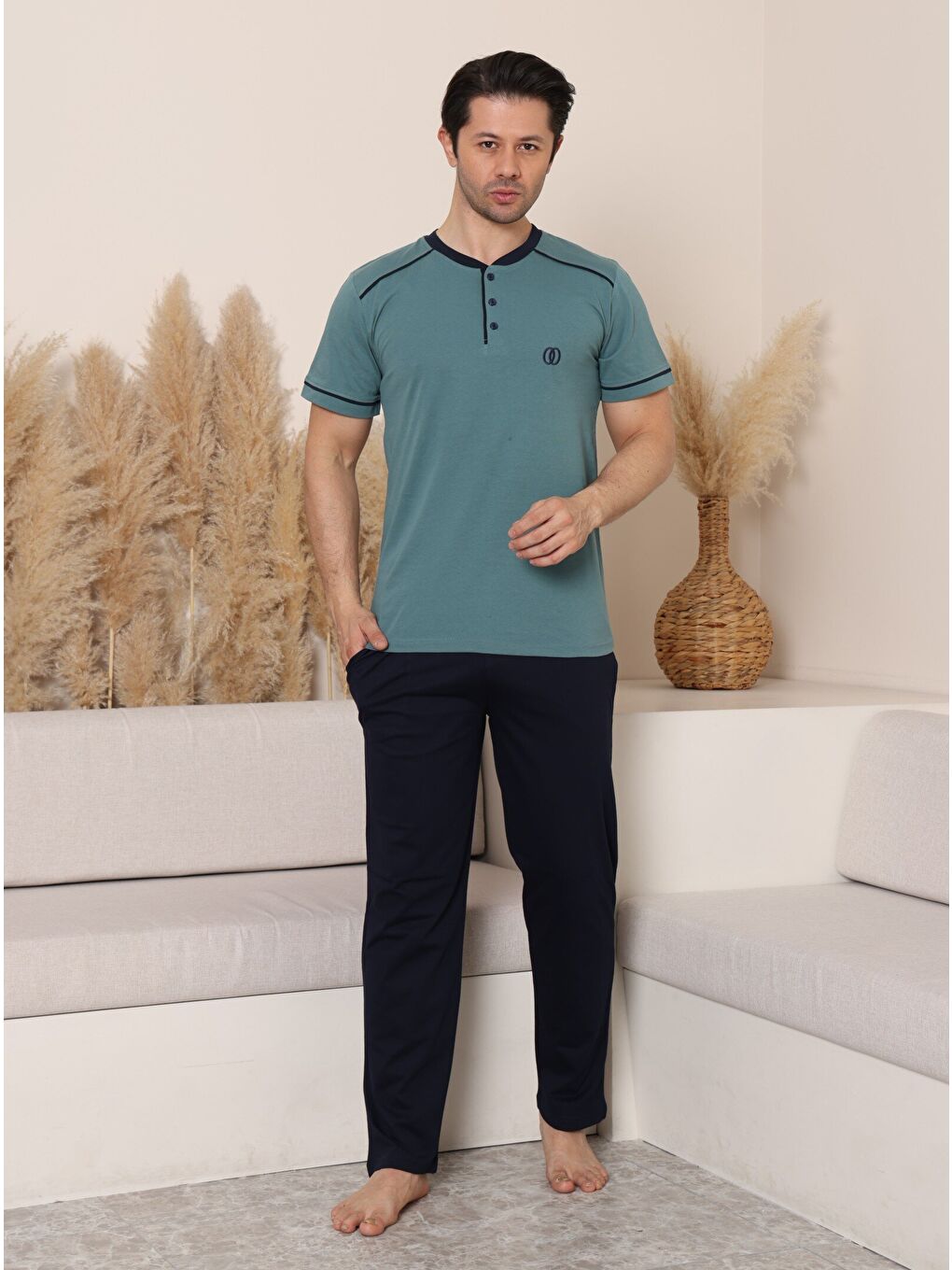 Yeşil PREMIUM Erkek %100 Doğal Pamuk Biyeli Yüksek Kaliteli Düğmeli Kısa Kollu Pijama Takımı-2