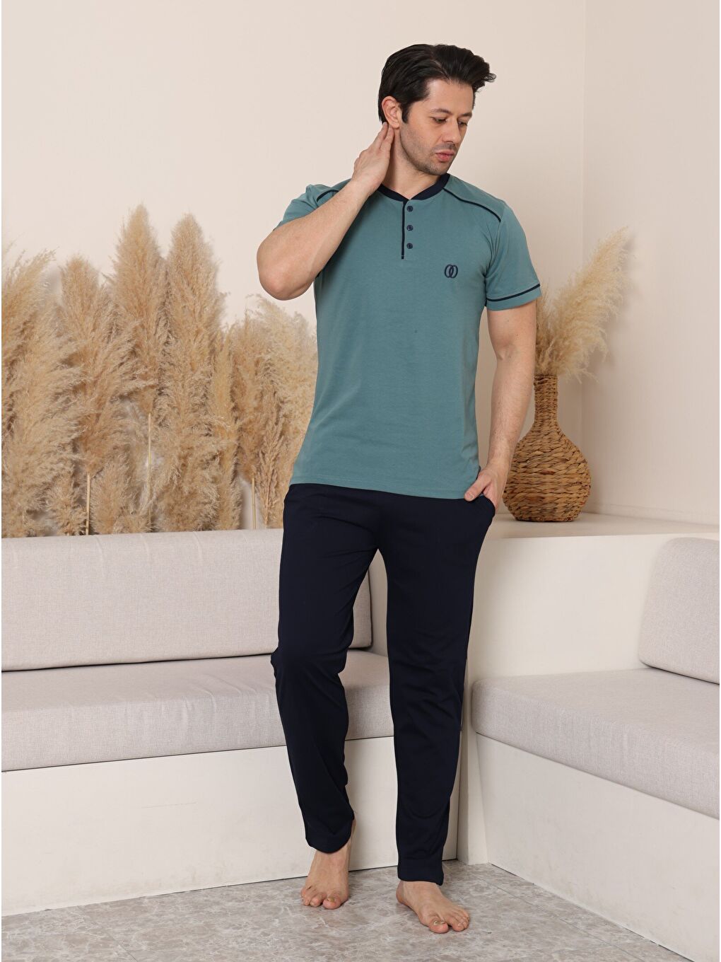 Yeşil PREMIUM Erkek %100 Doğal Pamuk Biyeli Yüksek Kaliteli Düğmeli Kısa Kollu Pijama Takımı-3