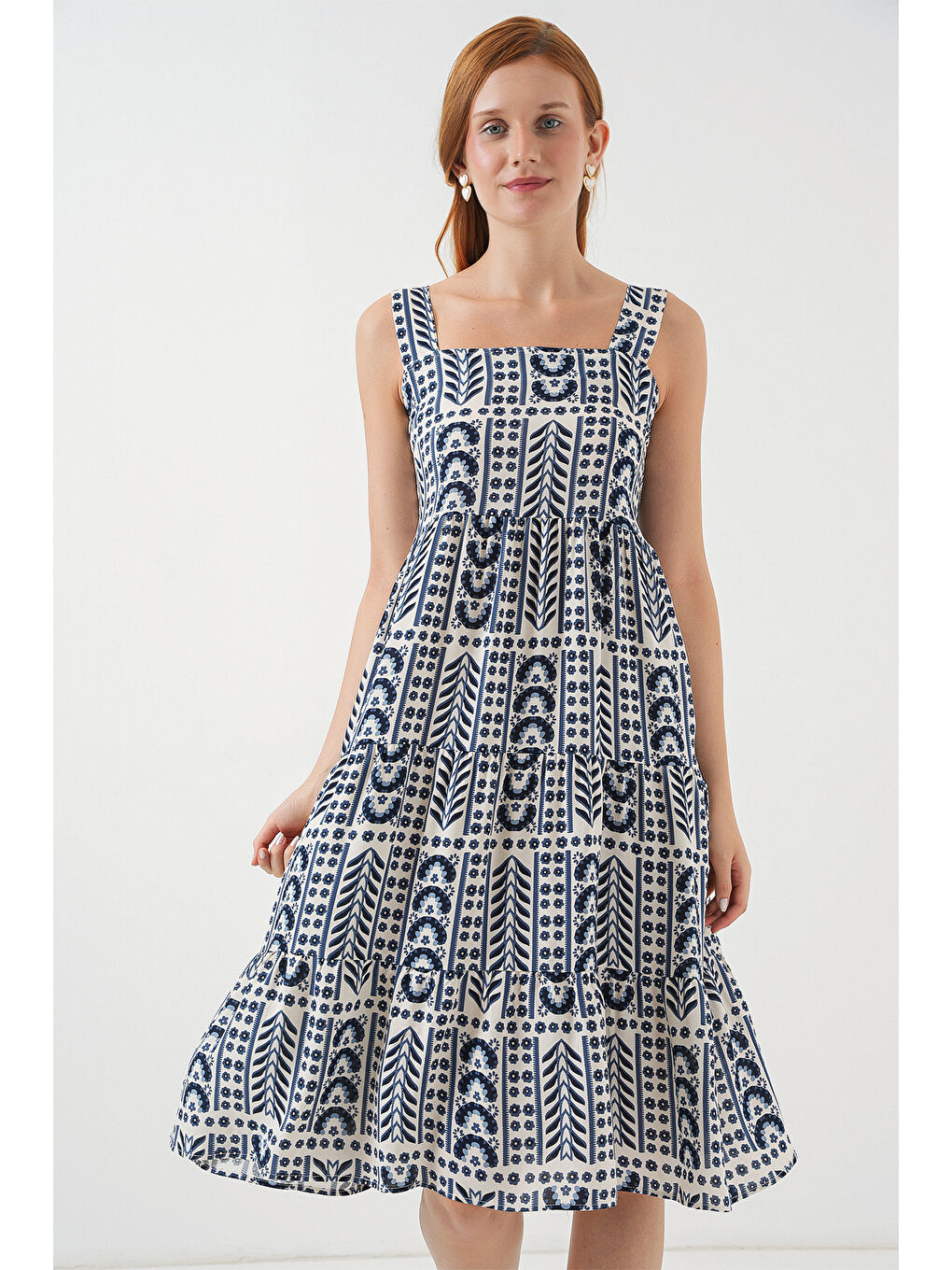 Ekru Kadın Desenli Askılı Midi Elbise 2577 - Krem