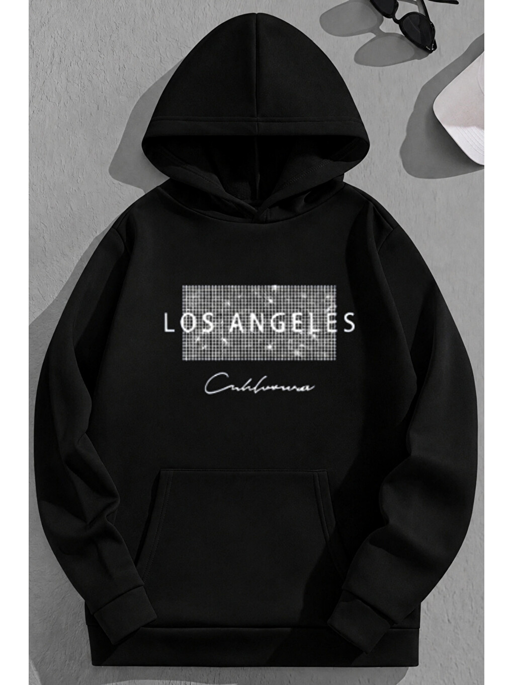 Unisex 3 İplik Pamuklu Siyah Nodelosangeles Baskı Bol Kalıp Sweatshirt Hoodie