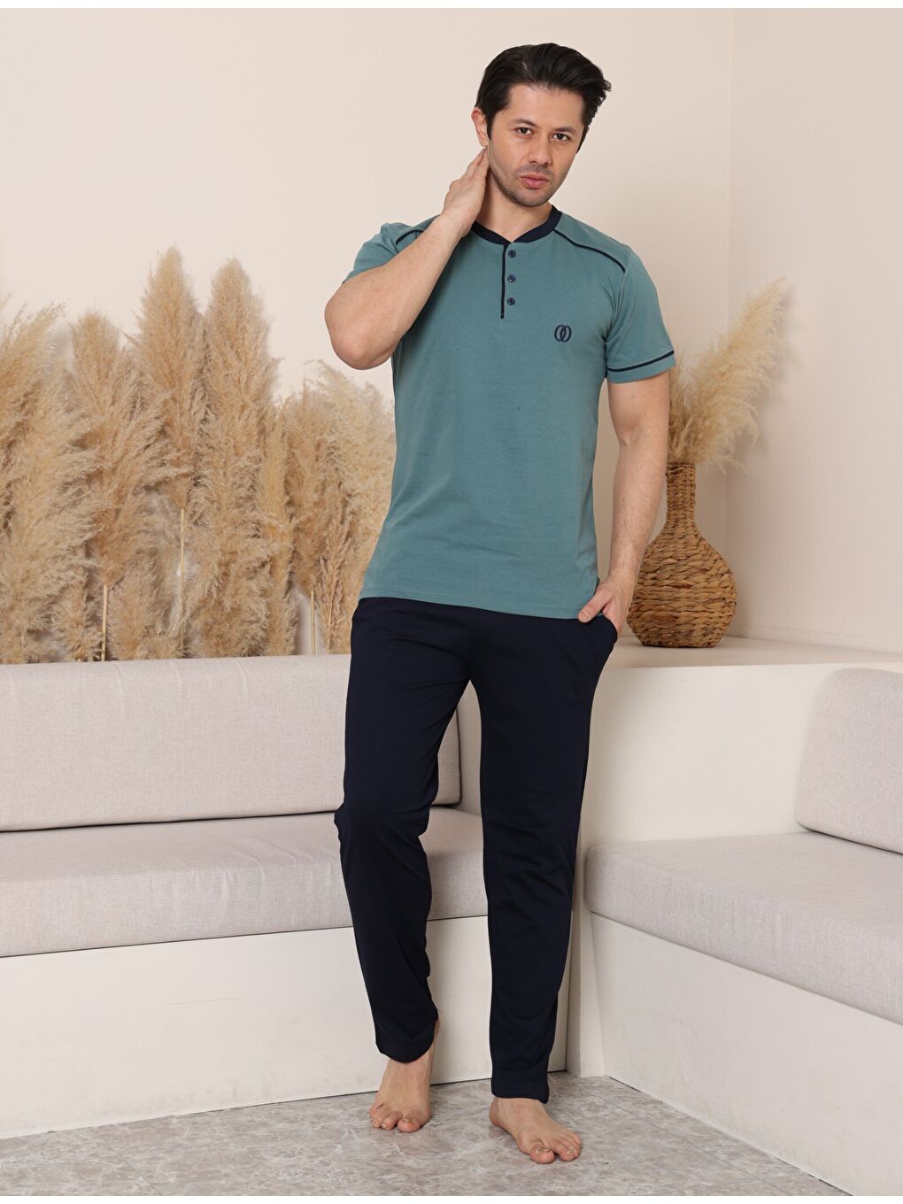 Yeşil PREMIUM Erkek %100 Doğal Pamuk Biyeli Yüksek Kaliteli Düğmeli Kısa Kollu Pijama Takımı-4