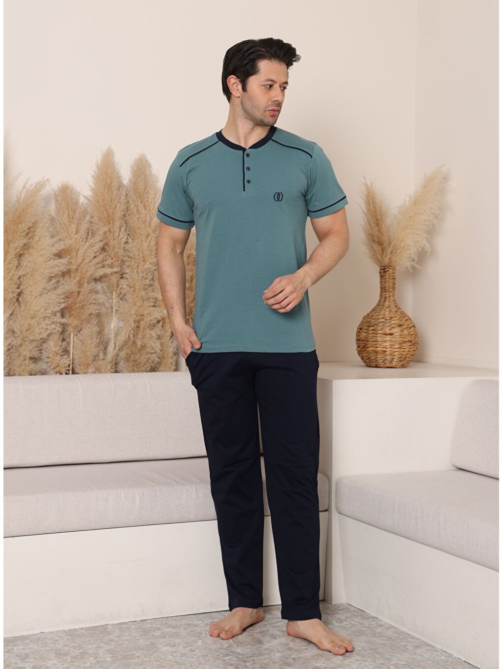 Yeşil PREMIUM Erkek %100 Doğal Pamuk Biyeli Yüksek Kaliteli Düğmeli Kısa Kollu Pijama Takımı-5