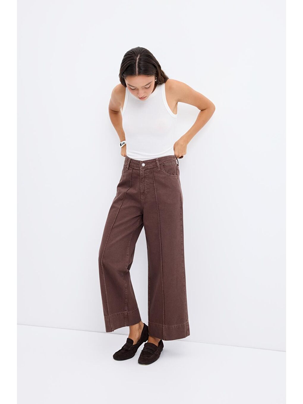 Kahverengi Double Paça Gabardin Pantolon Kahve-1