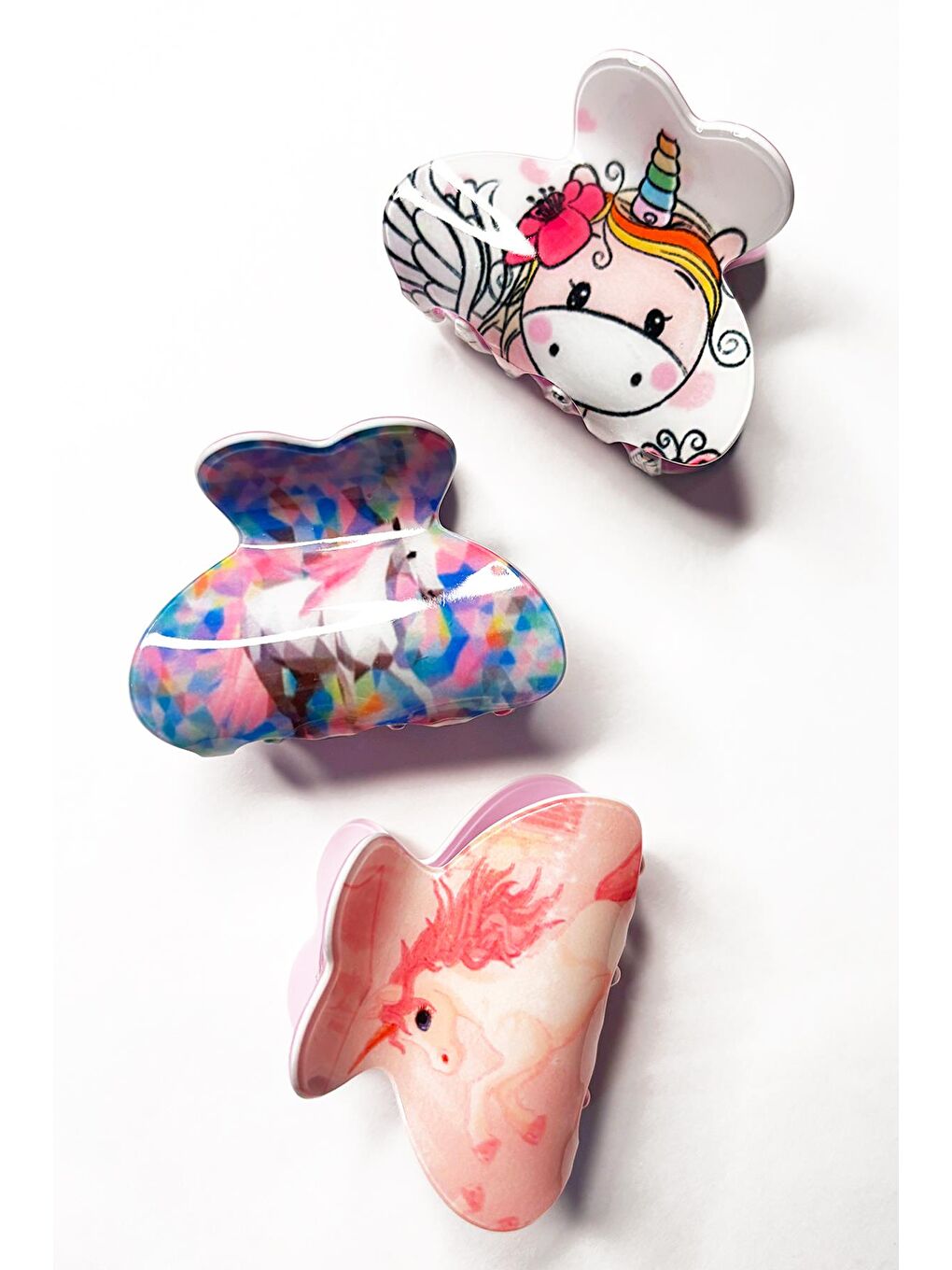 Beyaz 3 lü Orta Boy Desenli Asetat Mandal Saç Tokası-2