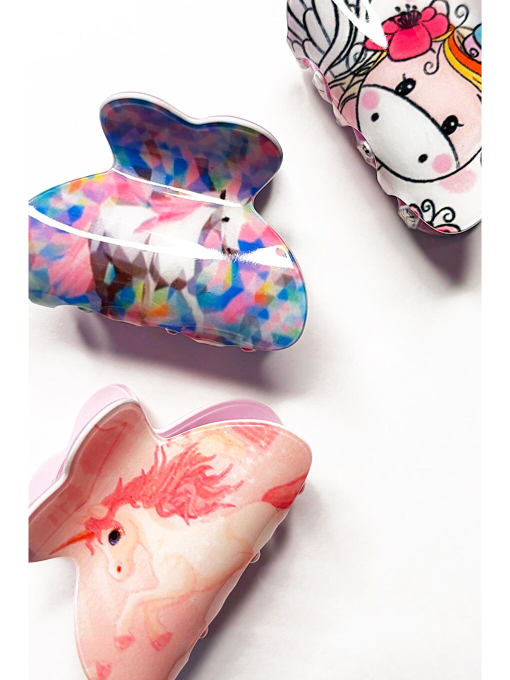 Beyaz 3 lü Orta Boy Desenli Asetat Mandal Saç Tokası-3