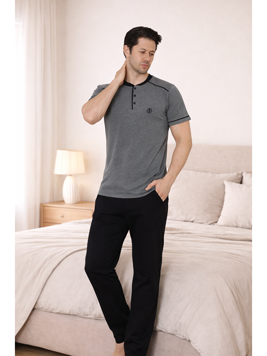 Antrasit PREMIUM Erkek %100 Doğal Pamuk Biyeli Yüksek Kaliteli Düğmeli Kısa Kollu Pijama Takımı