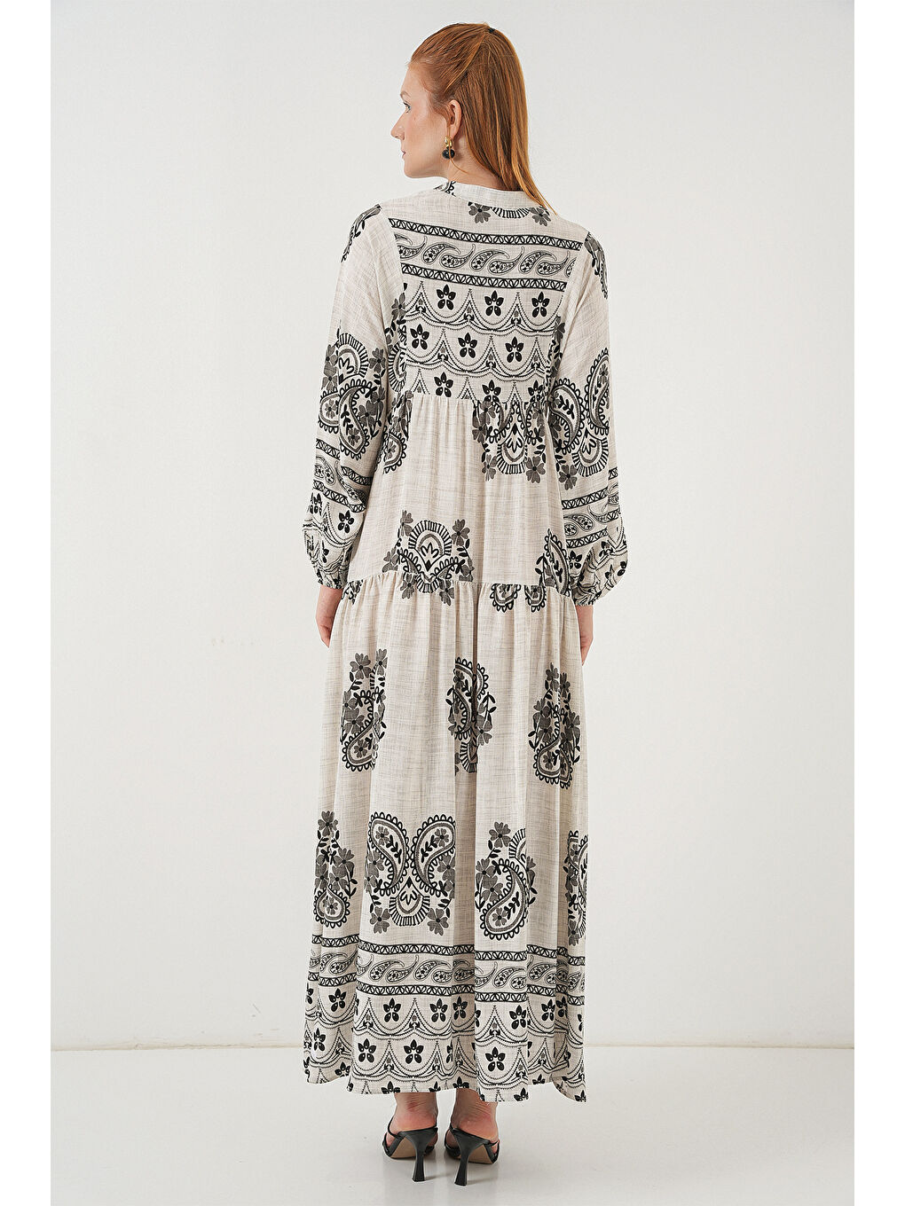 Bej Kadın Desenli Uzun Tesettür Elbise 2585 - Taş-5