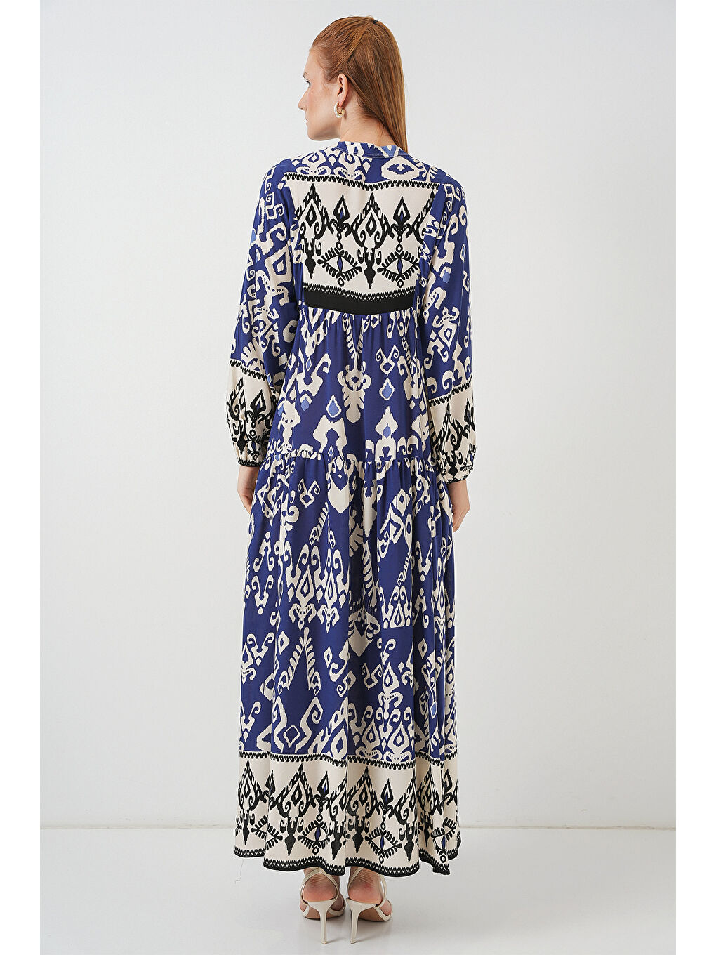 Kadın Desenli Uzun Tesettür Elbise 2585 - İndigo-5
