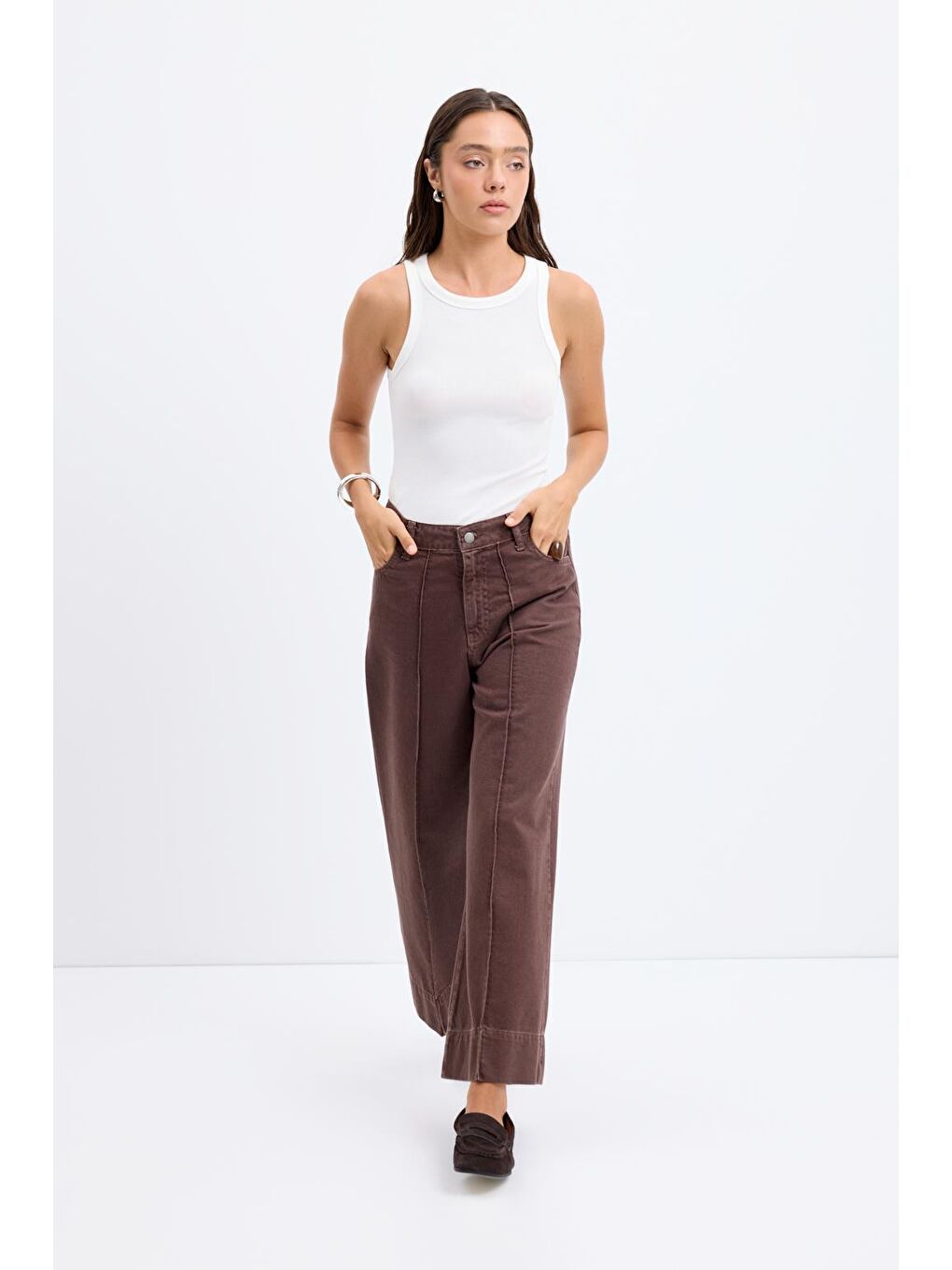 Kahverengi Double Paça Gabardin Pantolon Kahve-3