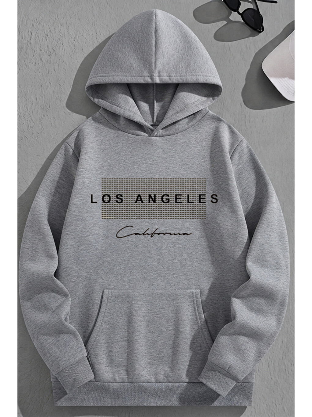 Unisex 3 İplik Pamuklu Gri Nodelosangeles Baskı Bol Kalıp Sweatshirt Hoodie