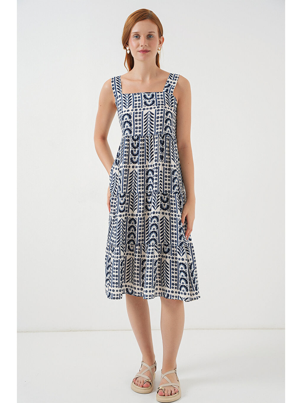 Ekru Kadın Desenli Askılı Midi Elbise 2577 - Krem-1