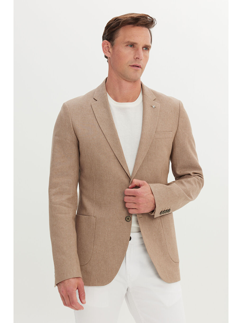 Bej Erkek Vizon Pamuklu Keten Dar Kesim Mono Yaka Torba Cepli Ceket-2