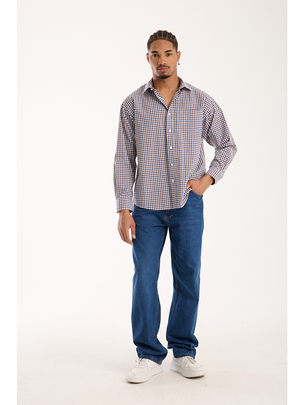 Rio Poplin Pamuklu Oversize Fit Kahverengi Klasik Yaka Erkek Kareli Gömlek-2