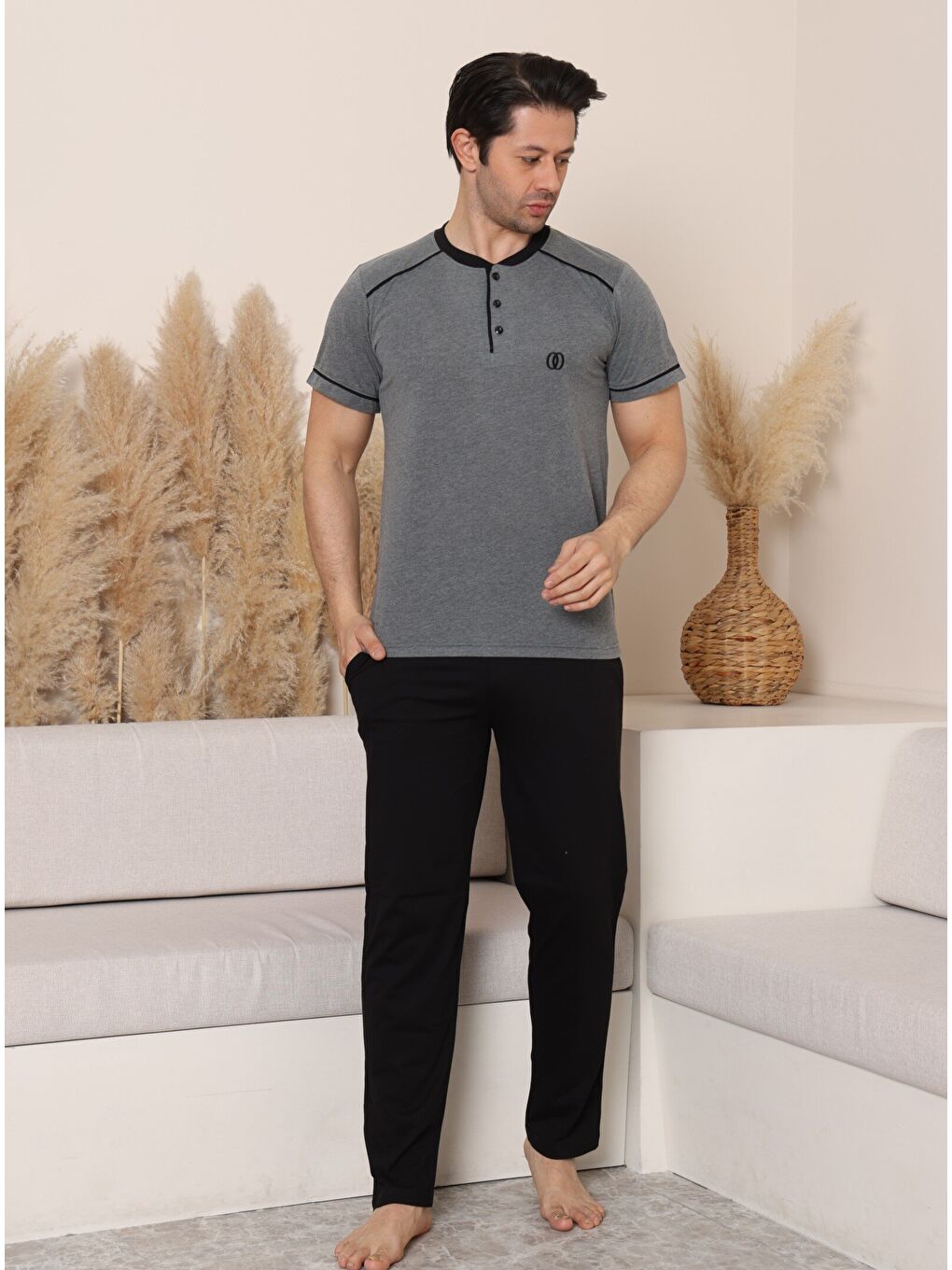 Antrasit PREMIUM Erkek %100 Doğal Pamuk Biyeli Yüksek Kaliteli Düğmeli Kısa Kollu Pijama Takımı-1