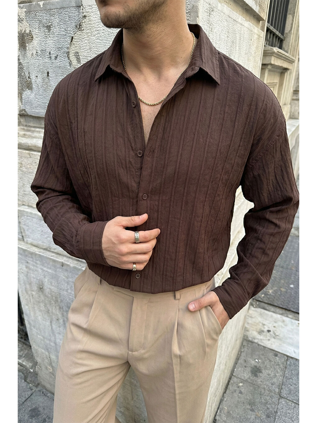 Kahverengi Maze Premium Oversize Erkek Gömlek Dokulu Çizgili