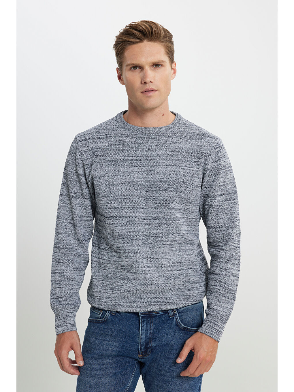 Erkek Açık Gri-Lacivert Recycle Standart Fit Bisiklet Yaka Düz Triko Kazak