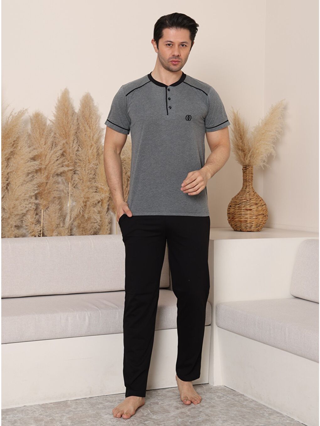 Antrasit PREMIUM Erkek %100 Doğal Pamuk Biyeli Yüksek Kaliteli Düğmeli Kısa Kollu Pijama Takımı-2