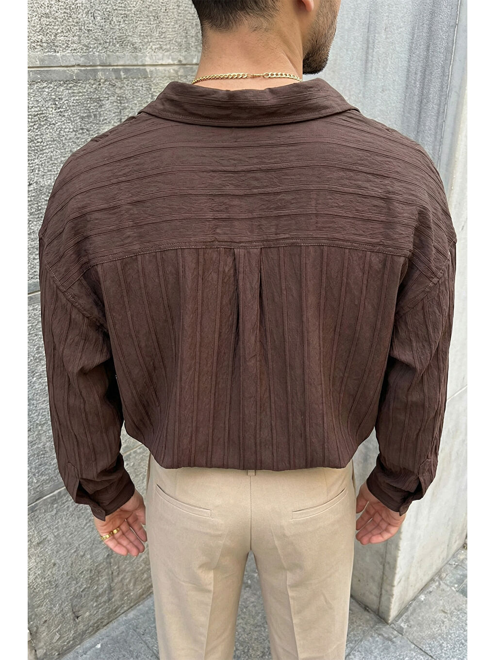 Kahverengi Maze Premium Oversize Erkek Gömlek Dokulu Çizgili-1