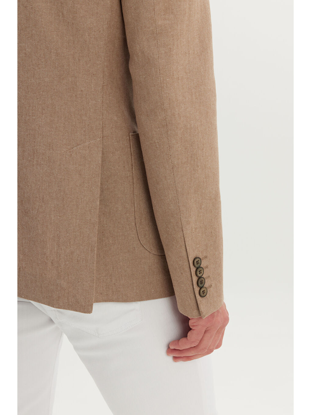 Bej Erkek Vizon Pamuklu Keten Dar Kesim Mono Yaka Torba Cepli Ceket-4