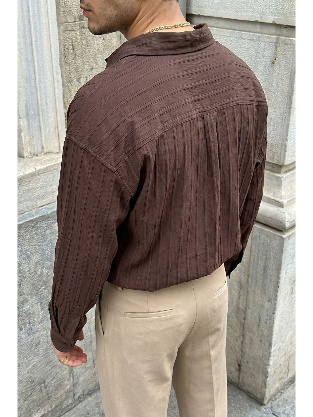 Kahverengi Maze Premium Oversize Erkek Gömlek Dokulu Çizgili-2