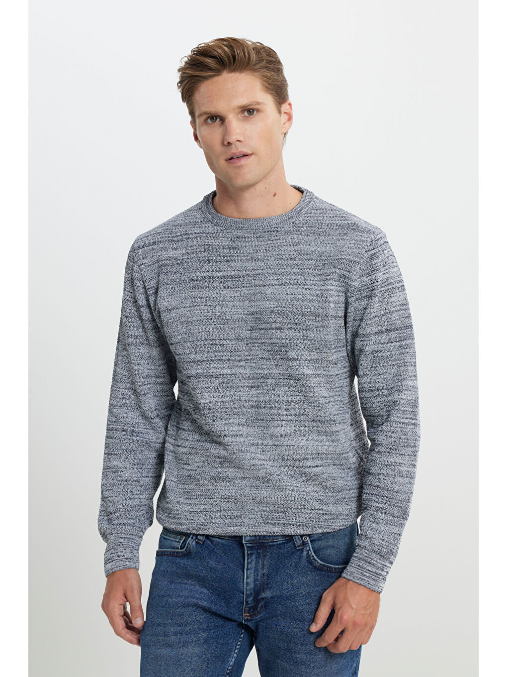 Erkek Açık Gri-Lacivert Recycle Standart Fit Bisiklet Yaka Düz Triko Kazak-2