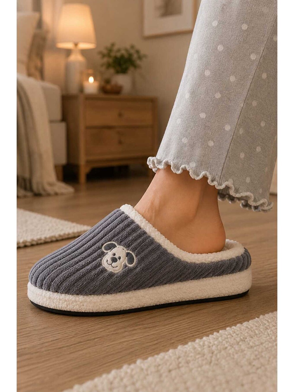 Gri Unisex, Fitil Kadife, Sevimli Köpek Figürlü, Kürklü, Yumuşak, Pelüş Ev Terliği-2