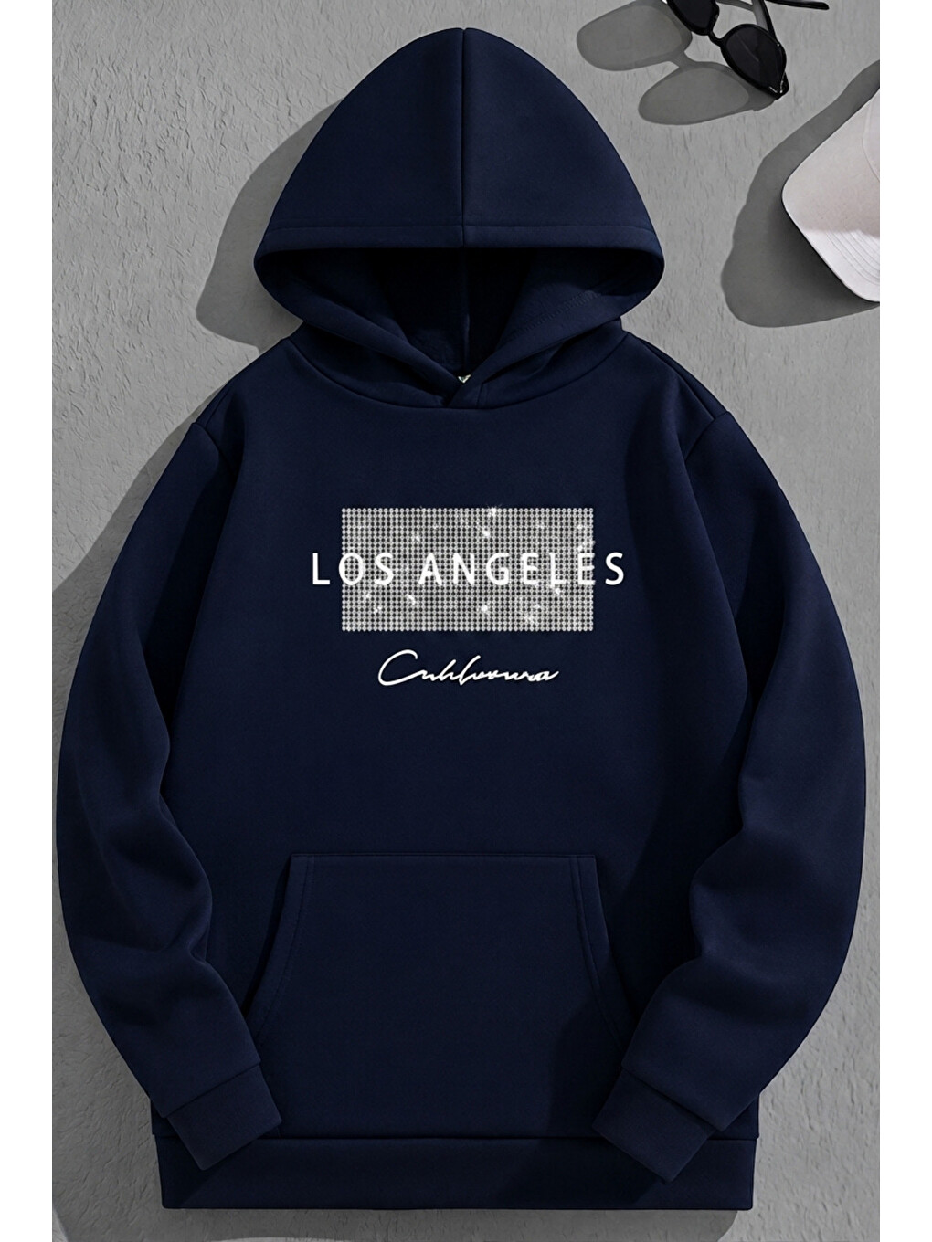 Unisex 3 İplik Pamuklu Lacivert Nodelosangeles Baskı Bol Kalıp Sweatshirt Hoodie