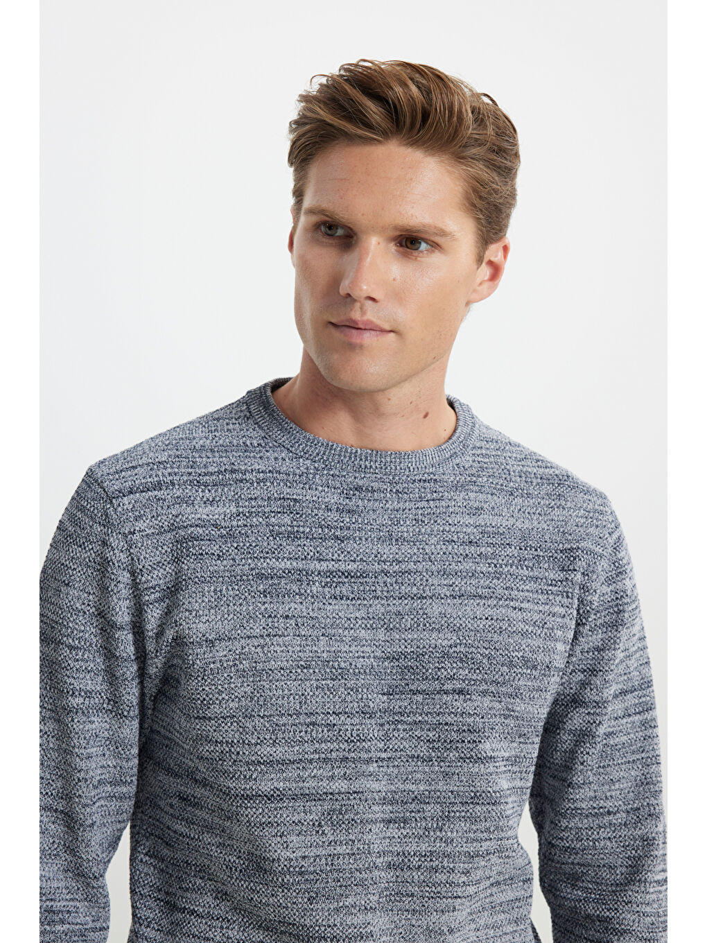 Erkek Açık Gri-Lacivert Recycle Standart Fit Bisiklet Yaka Düz Triko Kazak-3