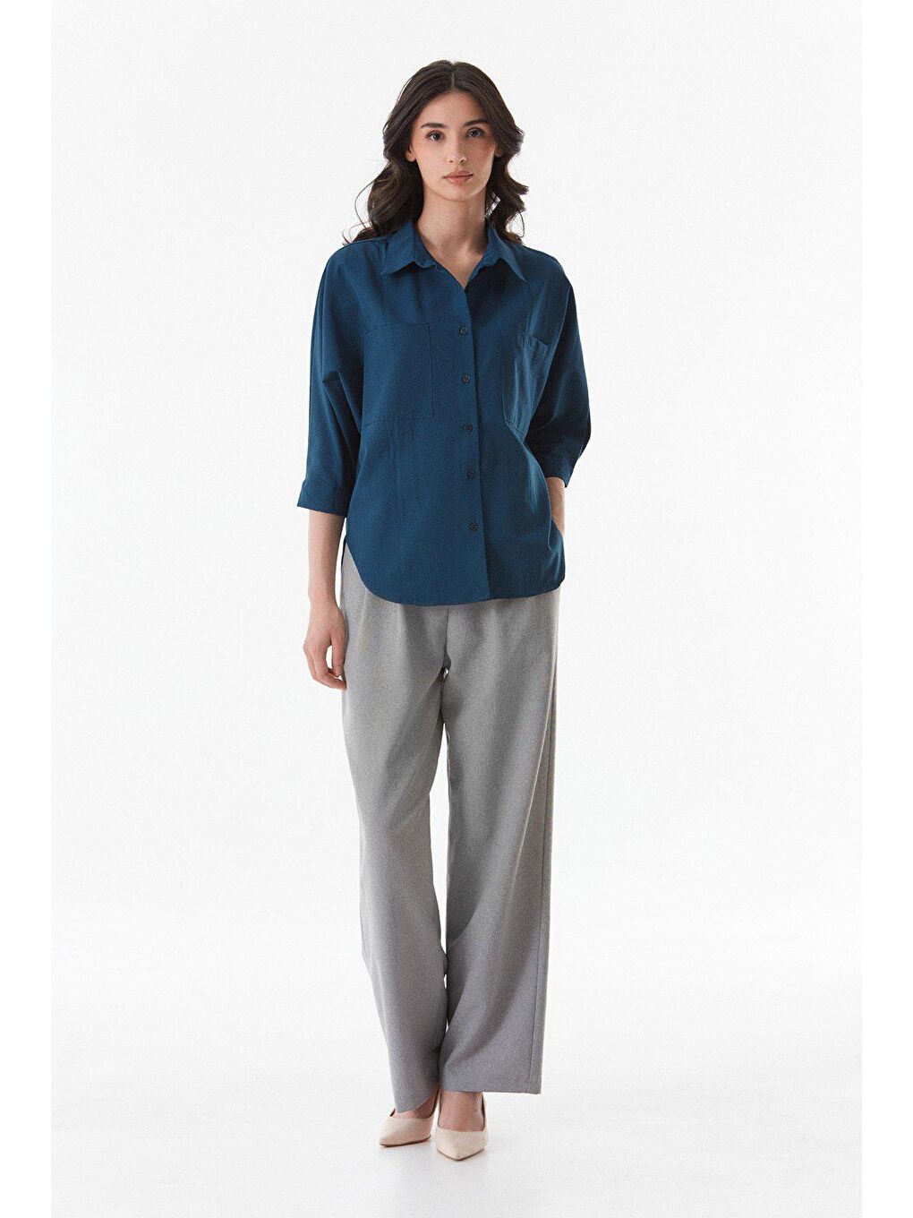 Lacivert Basic Çift Cepli Oversize Gömlek