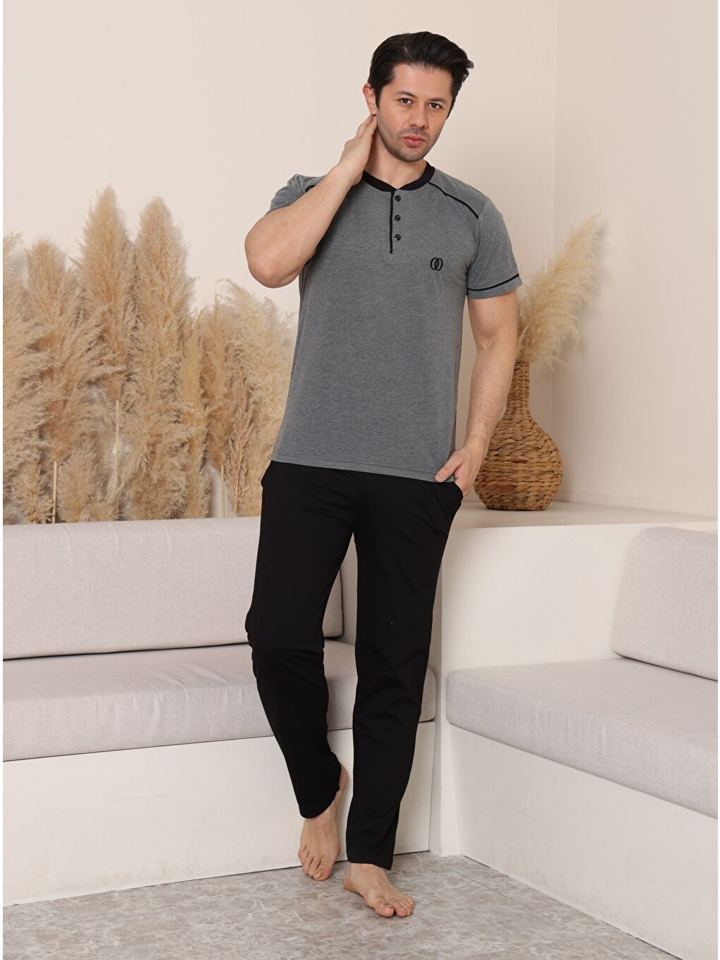 Antrasit PREMIUM Erkek %100 Doğal Pamuk Biyeli Yüksek Kaliteli Düğmeli Kısa Kollu Pijama Takımı-4