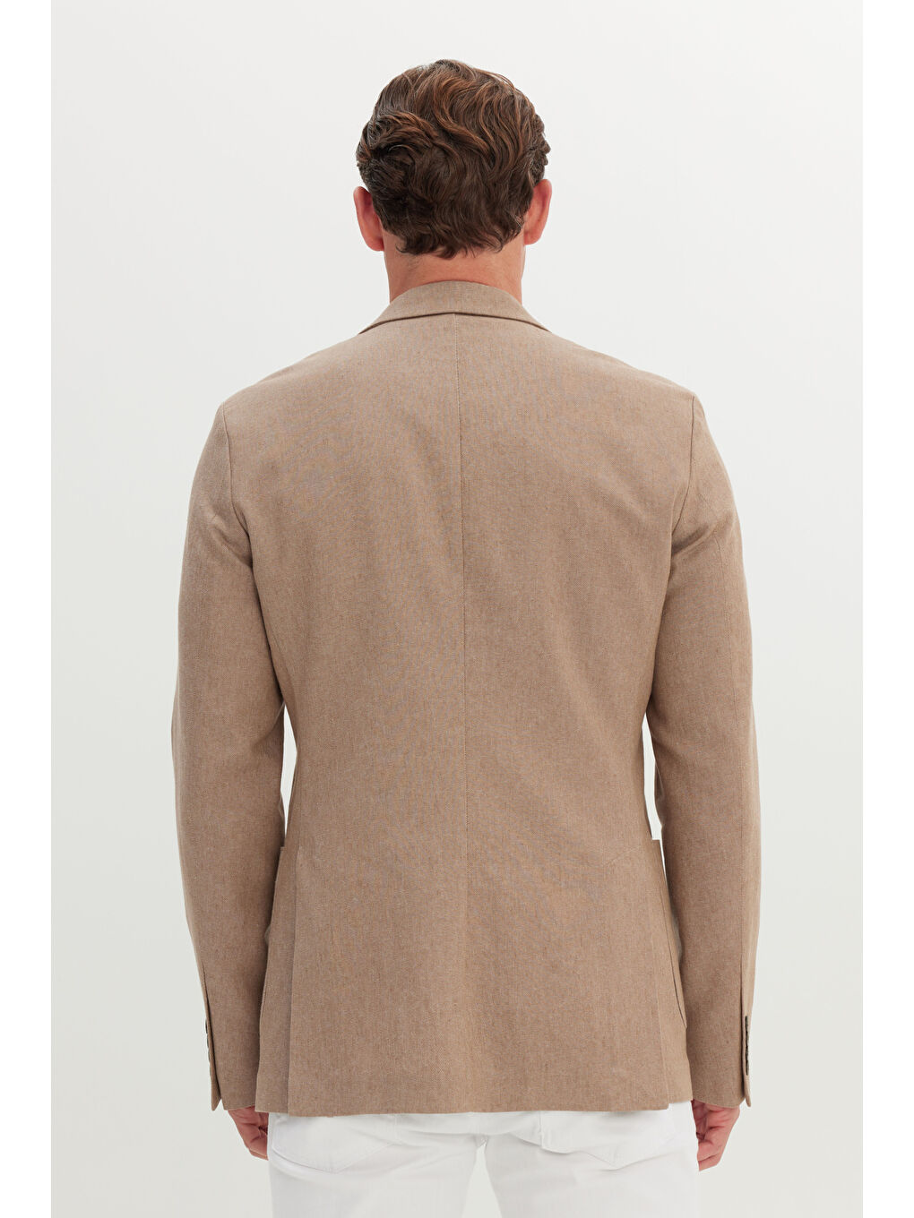 Bej Erkek Vizon Pamuklu Keten Dar Kesim Mono Yaka Torba Cepli Ceket-5