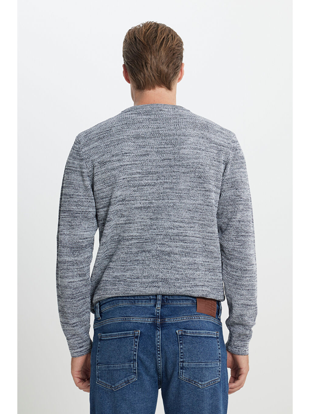 Erkek Açık Gri-Lacivert Recycle Standart Fit Bisiklet Yaka Düz Triko Kazak-4