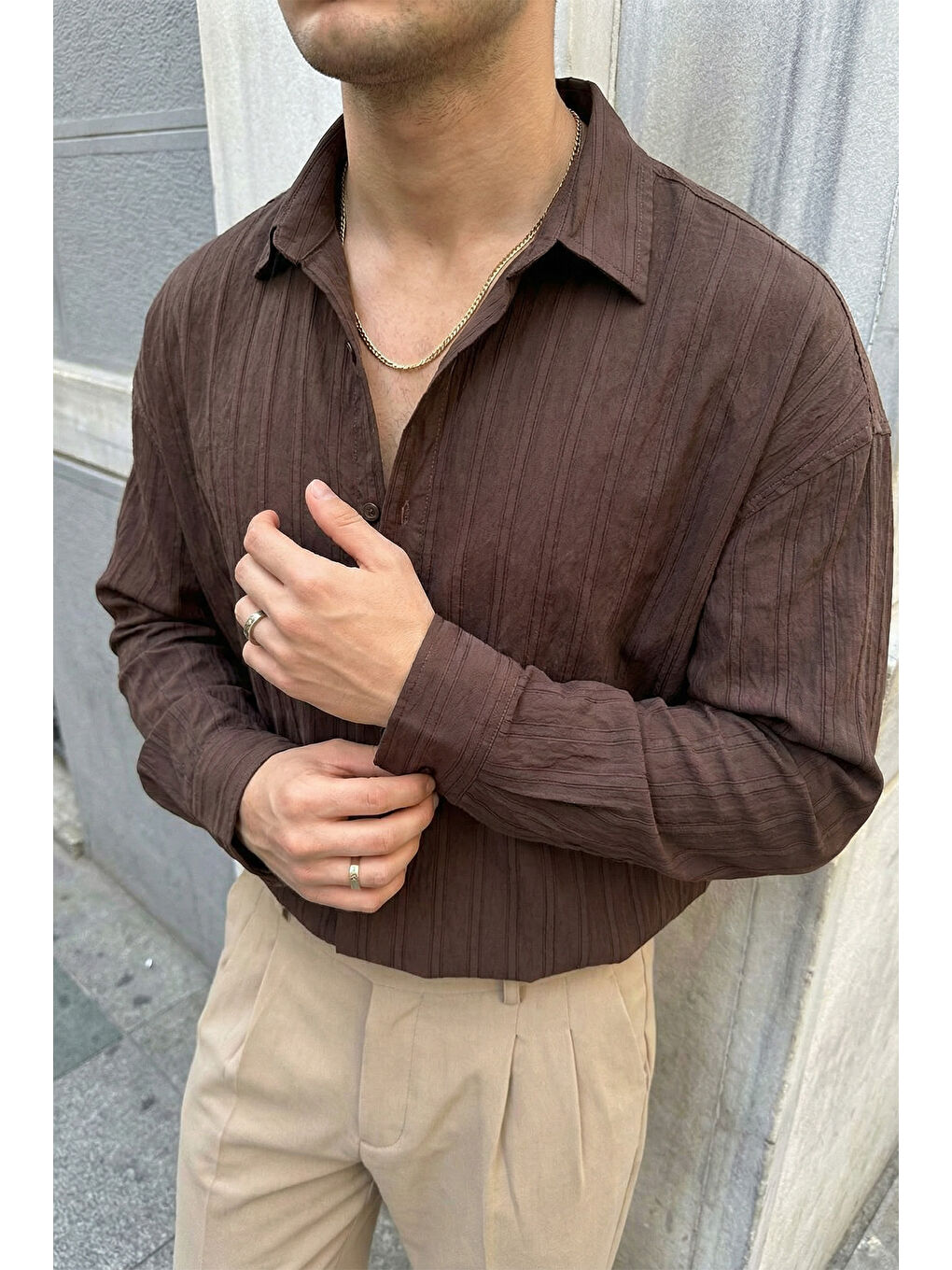 Kahverengi Maze Premium Oversize Erkek Gömlek Dokulu Çizgili-3