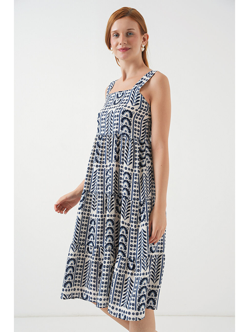 Ekru Kadın Desenli Askılı Midi Elbise 2577 - Krem-2