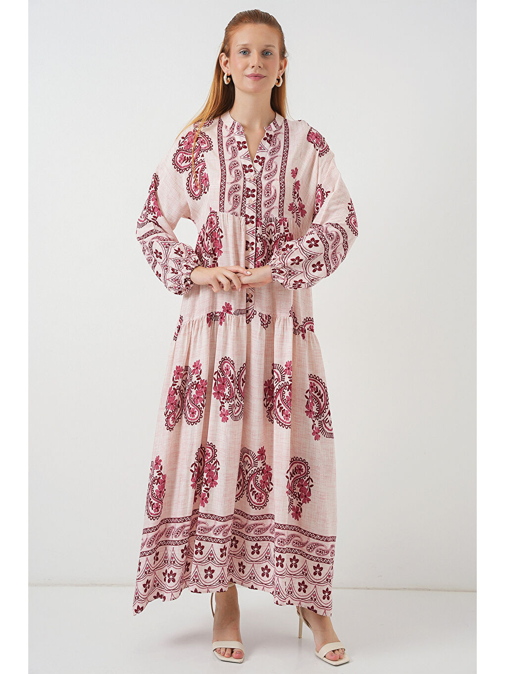 Kadın Desenli Uzun Tesettür Elbise 2585 - B.Kırmızı