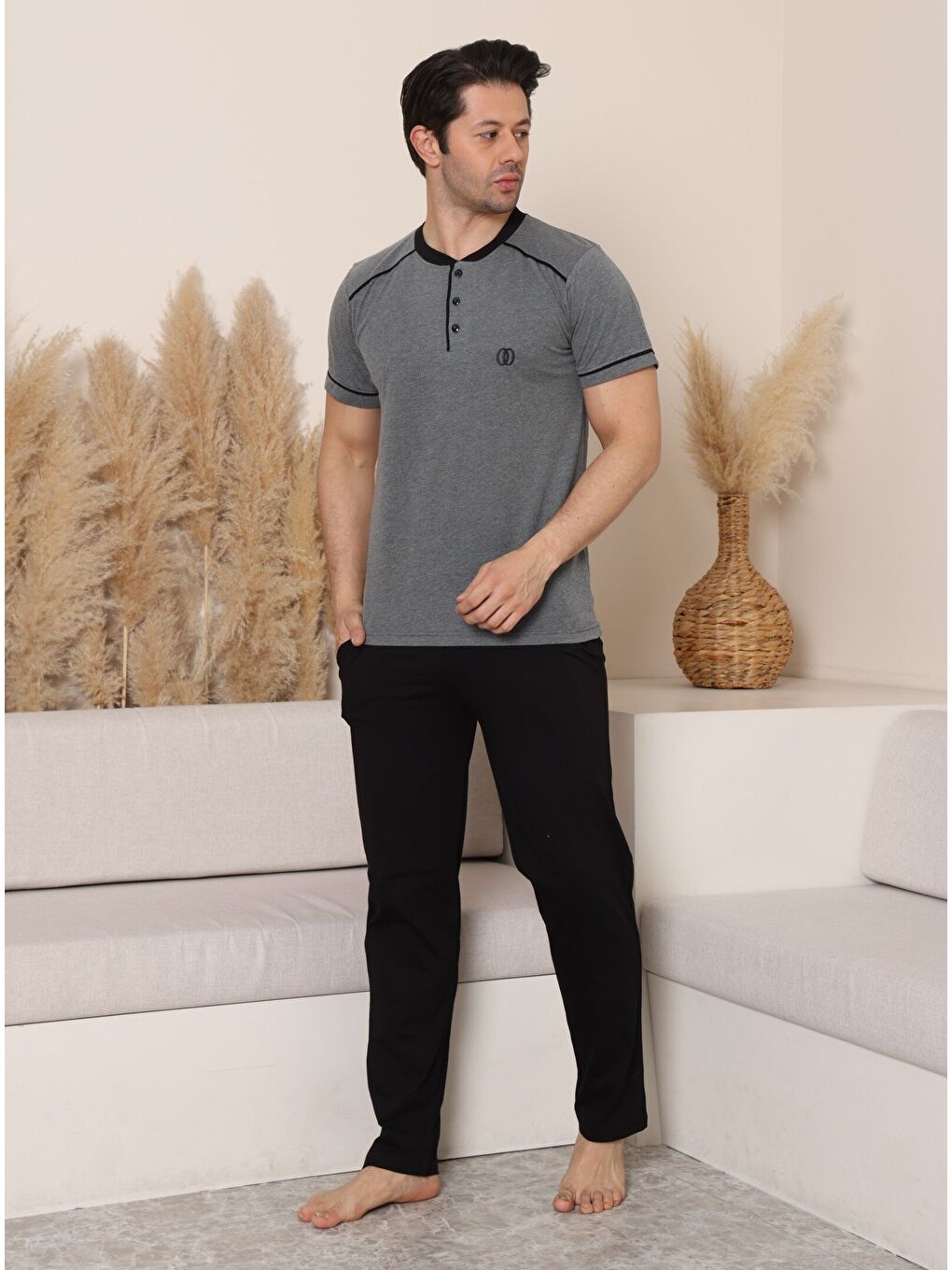 Antrasit PREMIUM Erkek %100 Doğal Pamuk Biyeli Yüksek Kaliteli Düğmeli Kısa Kollu Pijama Takımı-5