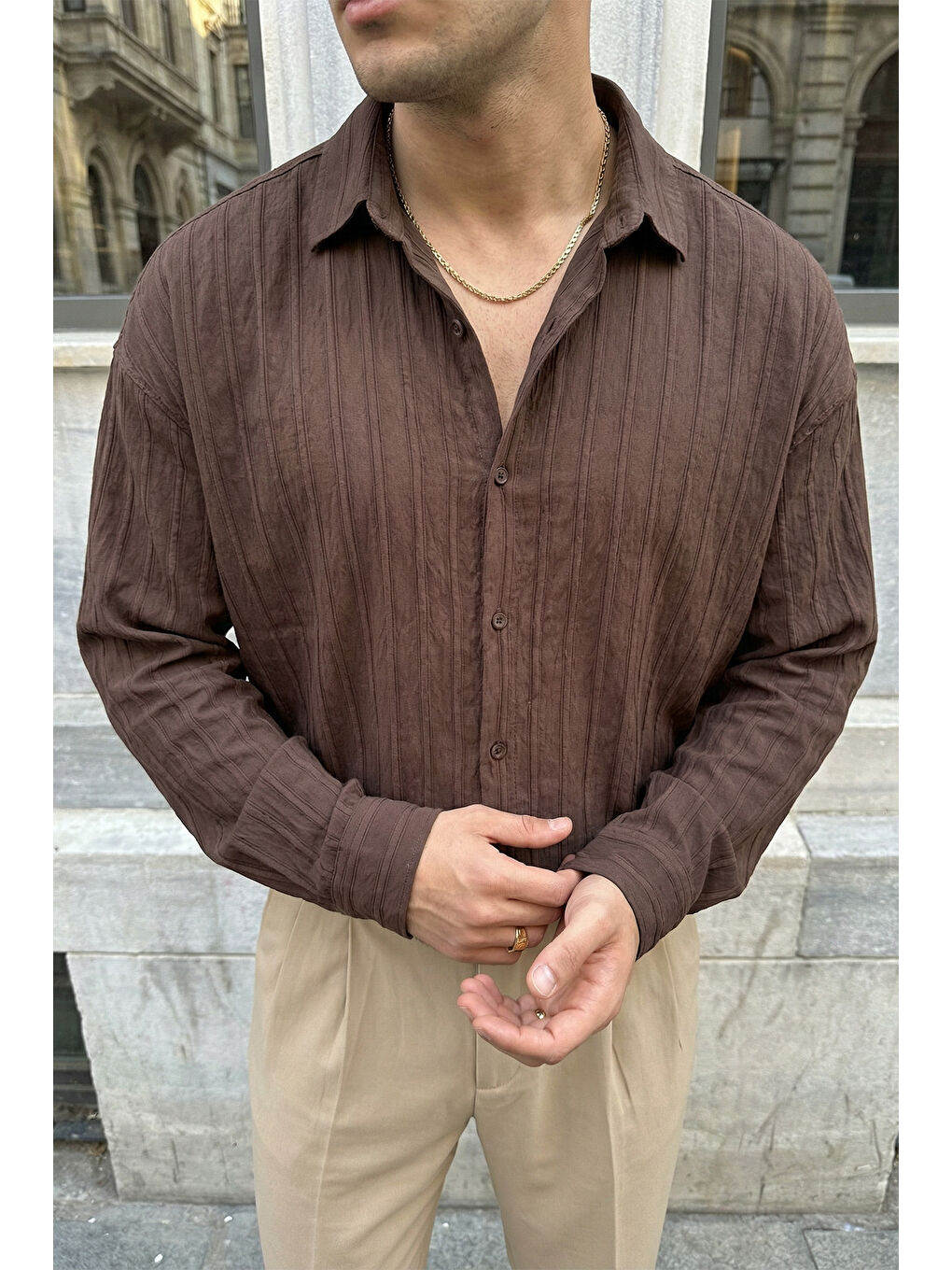 Kahverengi Maze Premium Oversize Erkek Gömlek Dokulu Çizgili-4