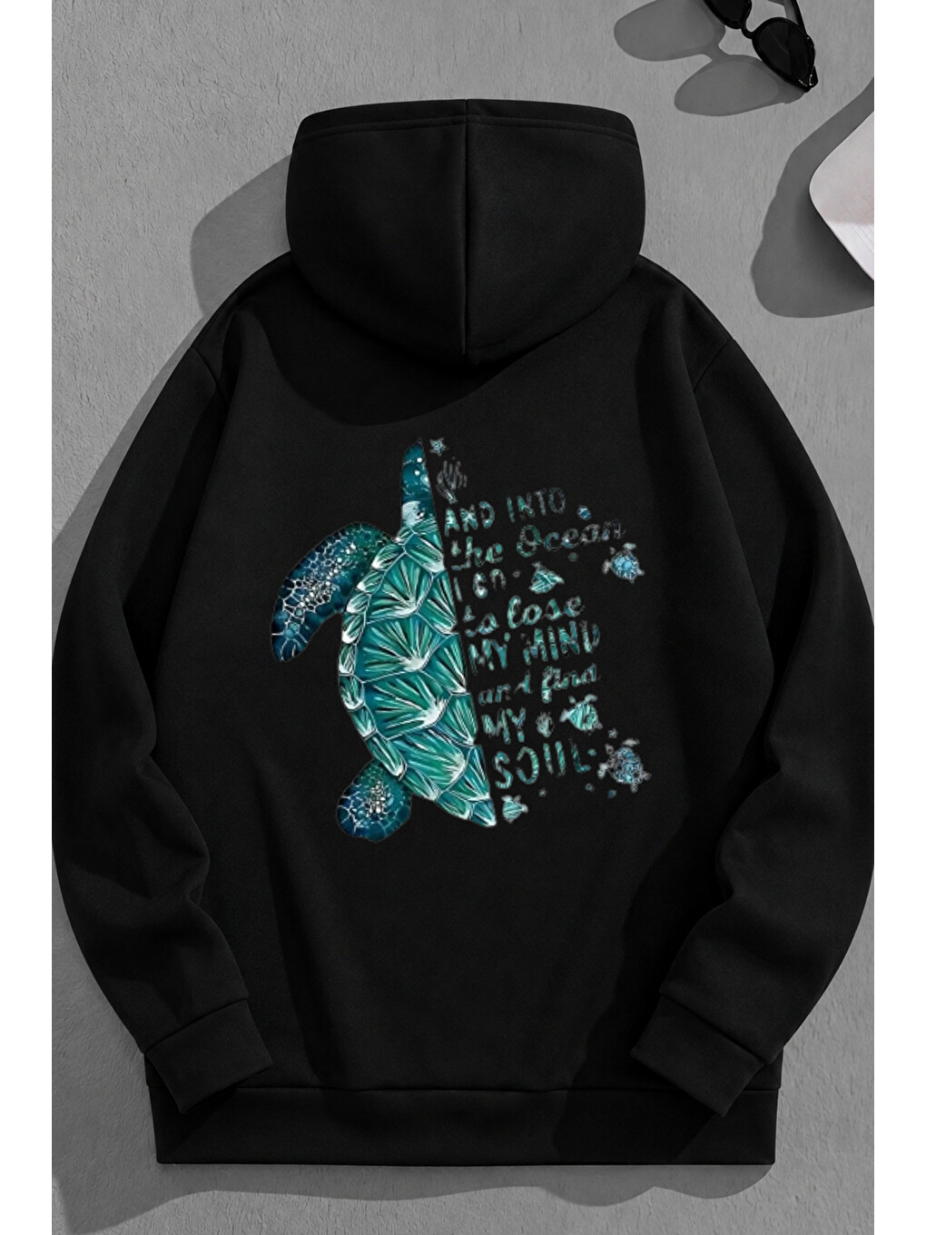 Unisex 3 İplik Pamuklu Siyah Caretta Baskı Bol Kalıp Sweatshirt Hoodie