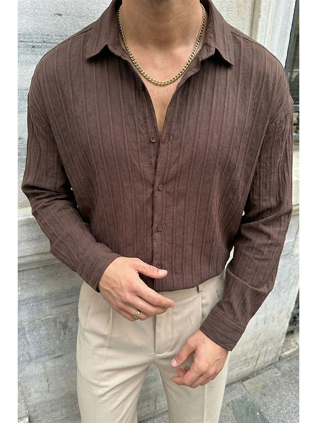 Kahverengi Maze Premium Oversize Erkek Gömlek Dokulu Çizgili-5