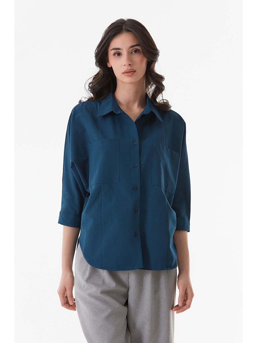 Lacivert Basic Çift Cepli Oversize Gömlek-1