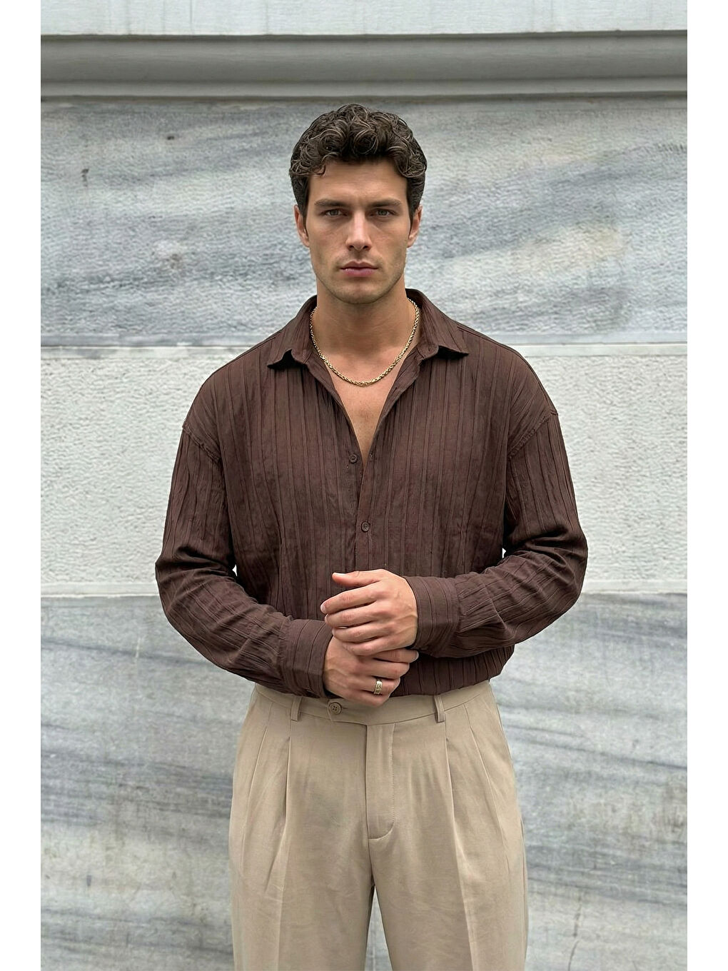 Kahverengi Maze Premium Oversize Erkek Gömlek Dokulu Çizgili-6