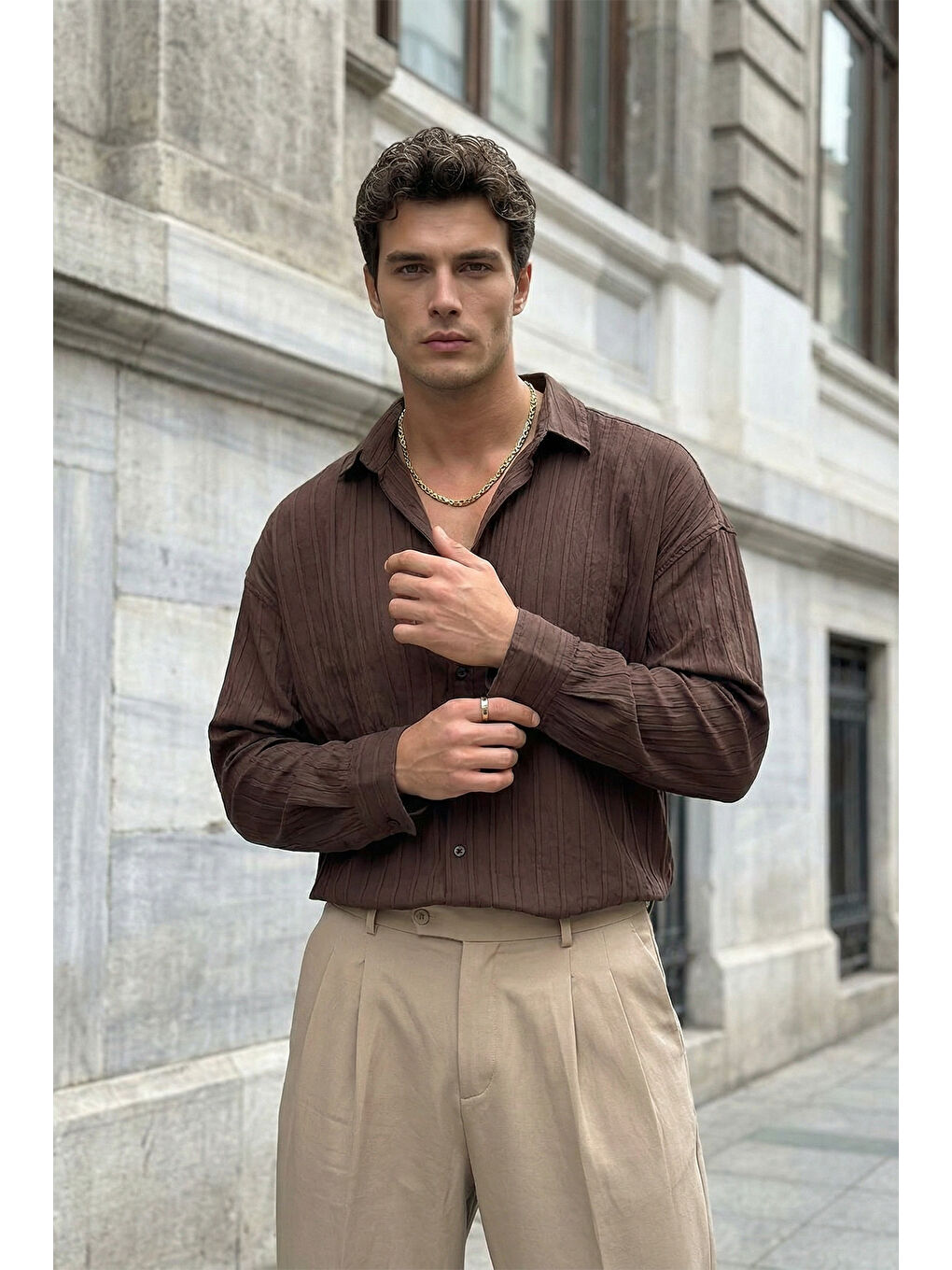 Kahverengi Maze Premium Oversize Erkek Gömlek Dokulu Çizgili-7