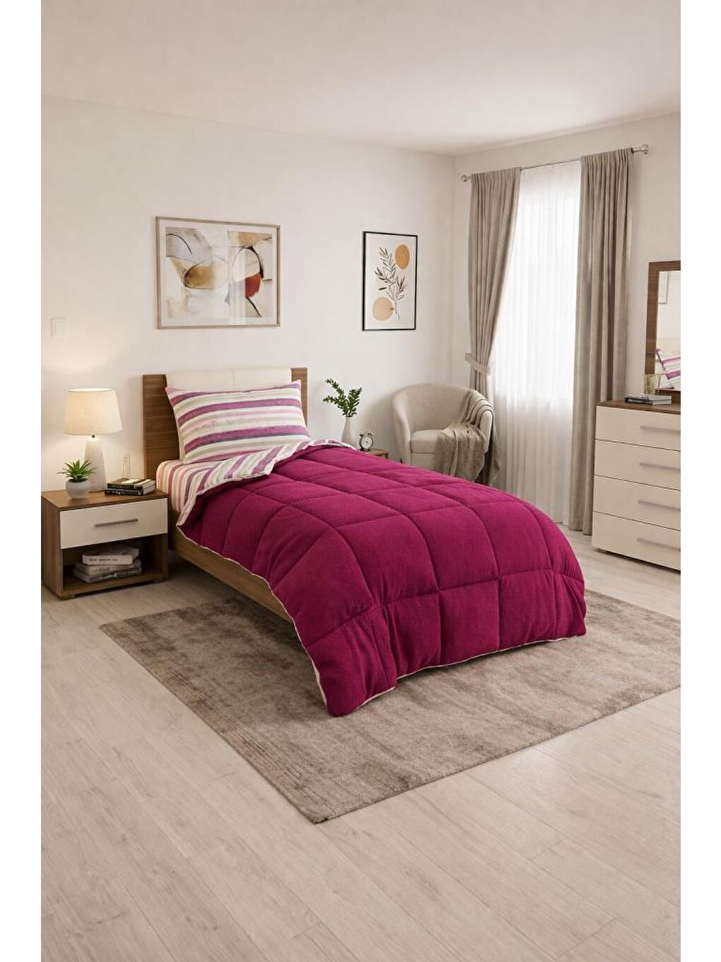 Sherpa Pelüş Tek Kişilik Lastikli Çarşaflı Comforter Set Mürdüm
